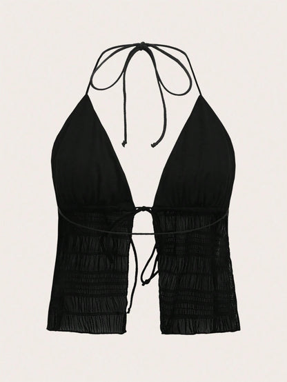 ICON Split Hem Tie Backless Mesh Halter Y2k Top