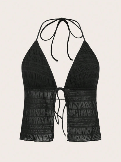 ICON Split Hem Tie Backless Mesh Halter Y2k Top