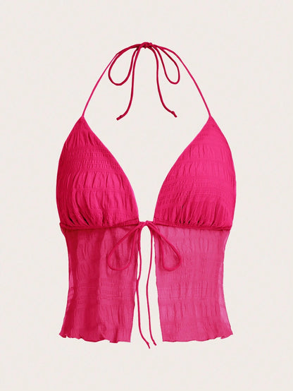 ICON Split Hem Tie Backless Mesh Halter Y2k Top