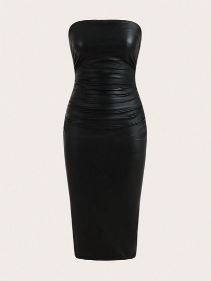 ICON Thigh-Slit PU Leather Bandeau Bodycon Long Dress