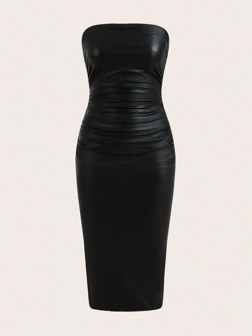 ICON Thigh-Slit PU Leather Bandeau Bodycon Long Dress