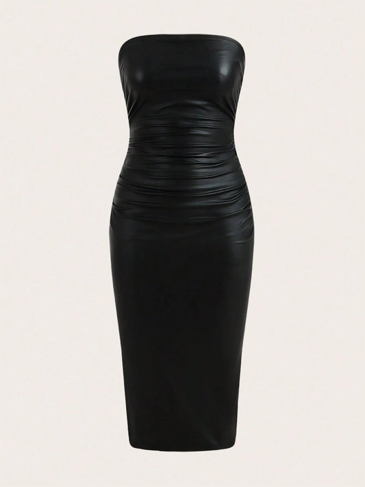 ICON Thigh-Slit PU Leather Bandeau Bodycon Long Dress