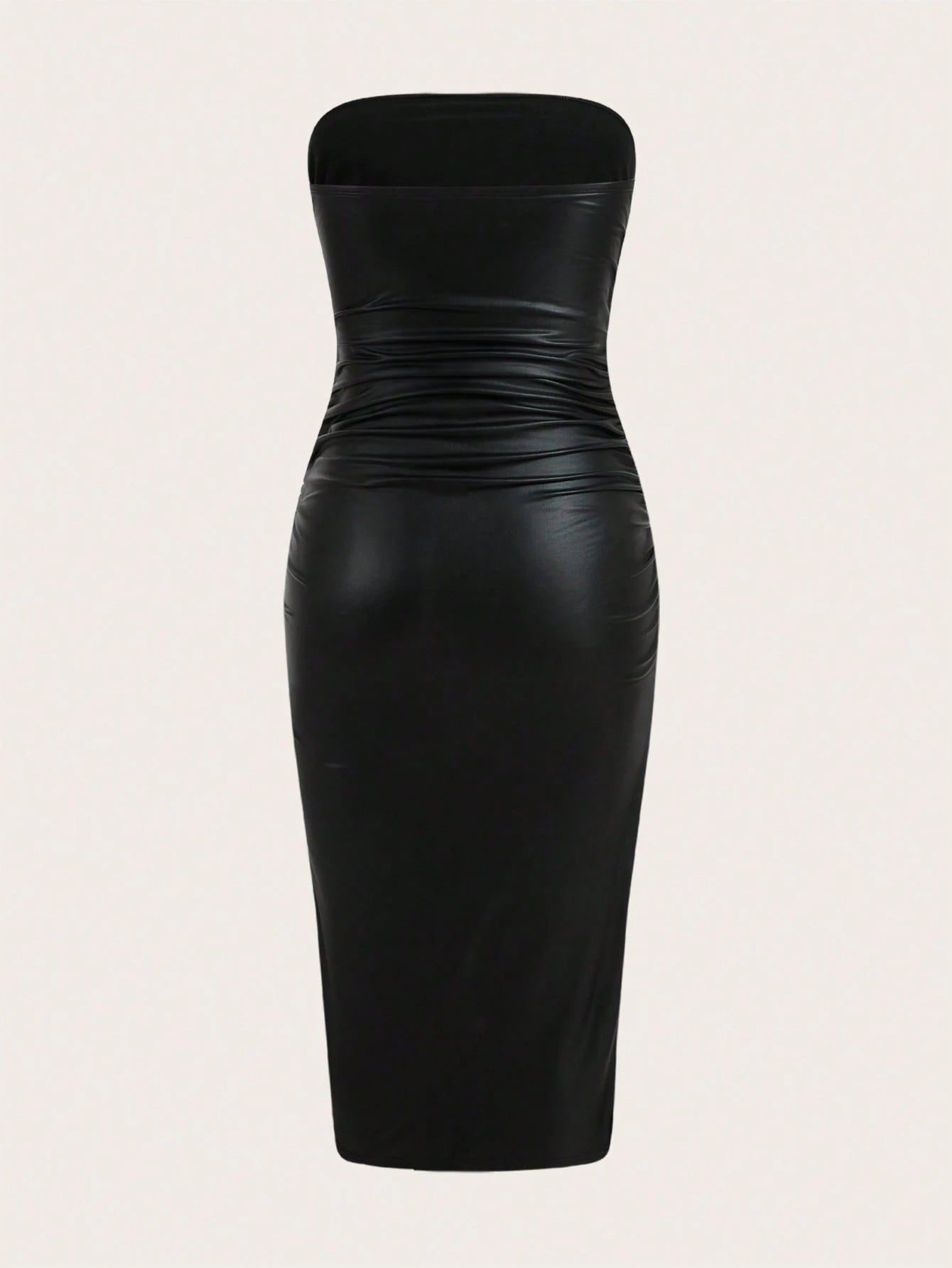 ICON Thigh-Slit PU Leather Bandeau Bodycon Long Dress