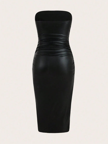 ICON Thigh-Slit PU Leather Bandeau Bodycon Long Dress