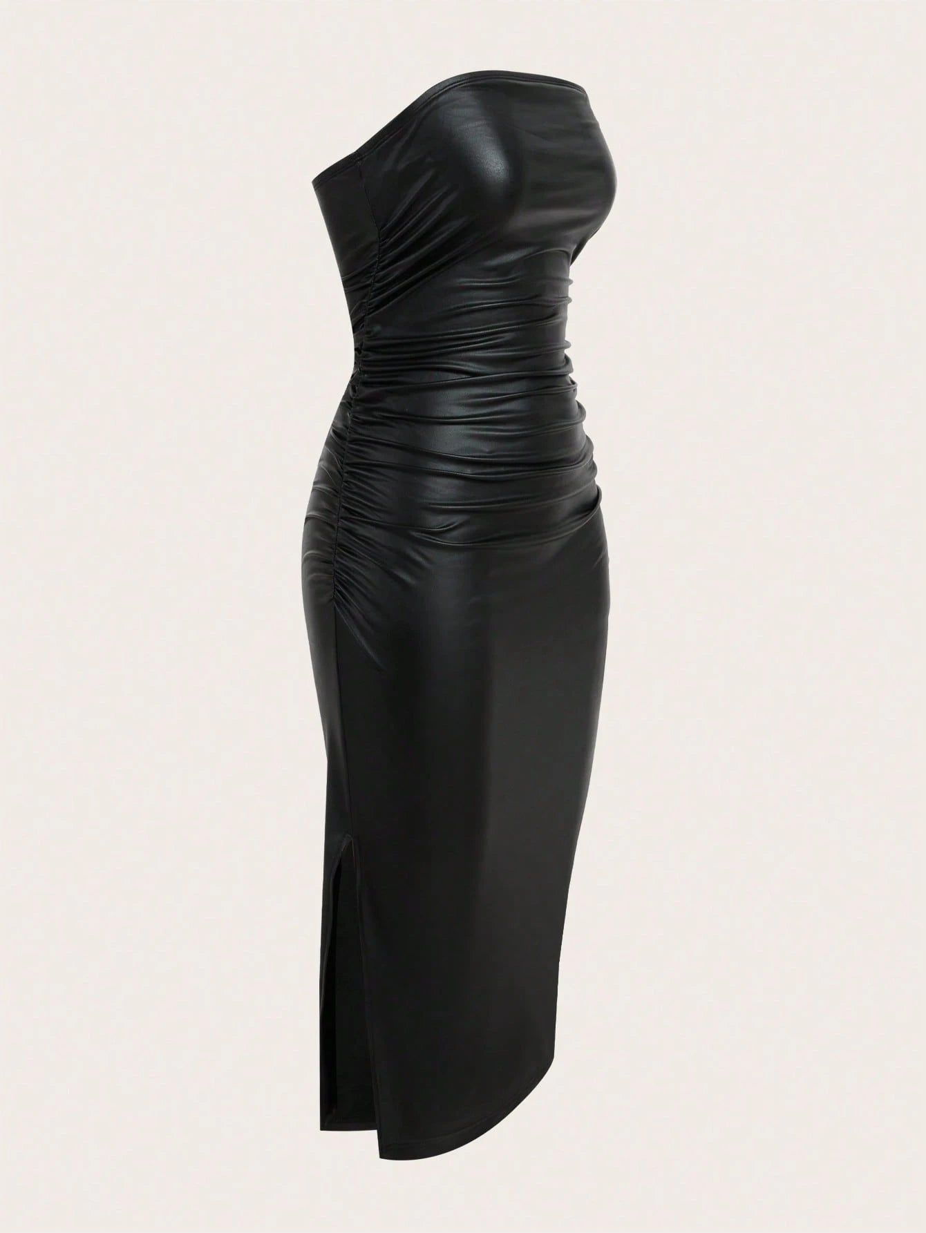 ICON Thigh-Slit PU Leather Bandeau Bodycon Long Dress