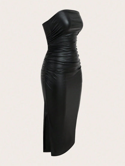 ICON Thigh-Slit PU Leather Bandeau Bodycon Long Dress