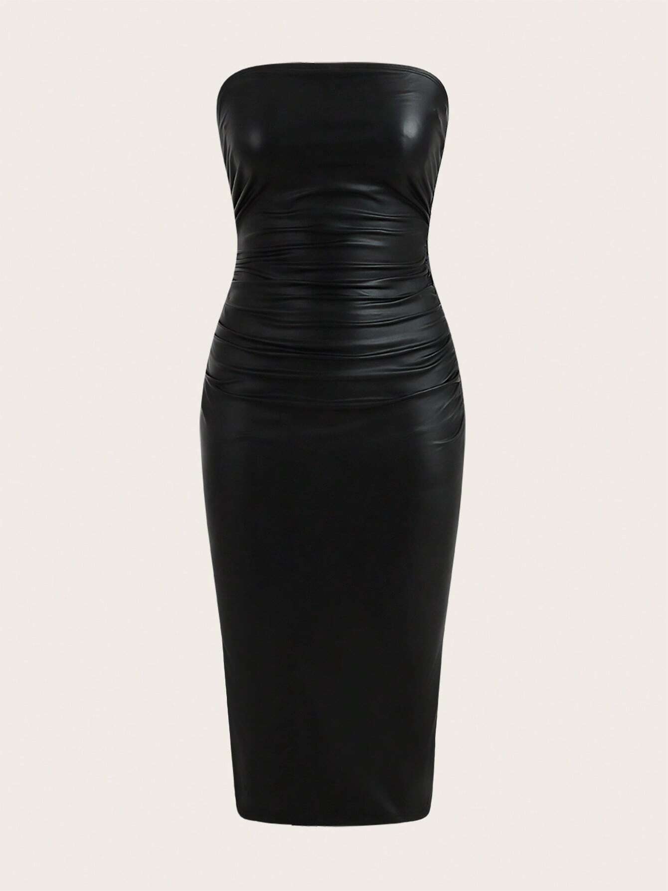 ICON Thigh-Slit PU Leather Bandeau Bodycon Long Dress