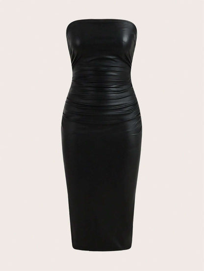 ICON Thigh-Slit PU Leather Bandeau Bodycon Long Dress
