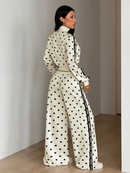 ICON Women's Satin Sweet Fashion Polka Dot & Striped Print Drawstring Waist Loose Pants