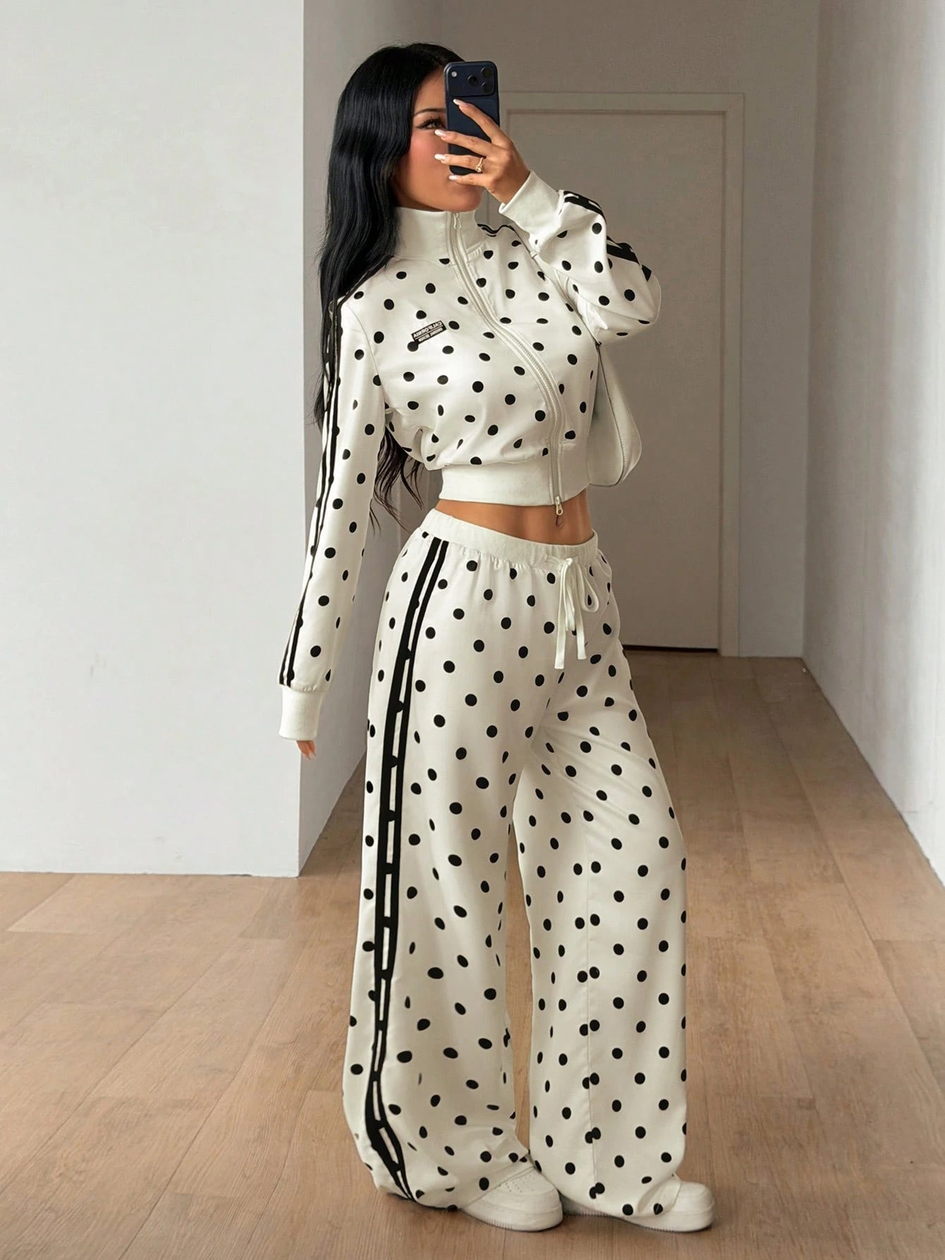 ICON Women's Satin Sweet Fashion Polka Dot & Striped Print Drawstring Waist Loose Pants