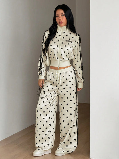 ICON Women's Satin Sweet Fashion Polka Dot & Striped Print Drawstring Waist Loose Pants