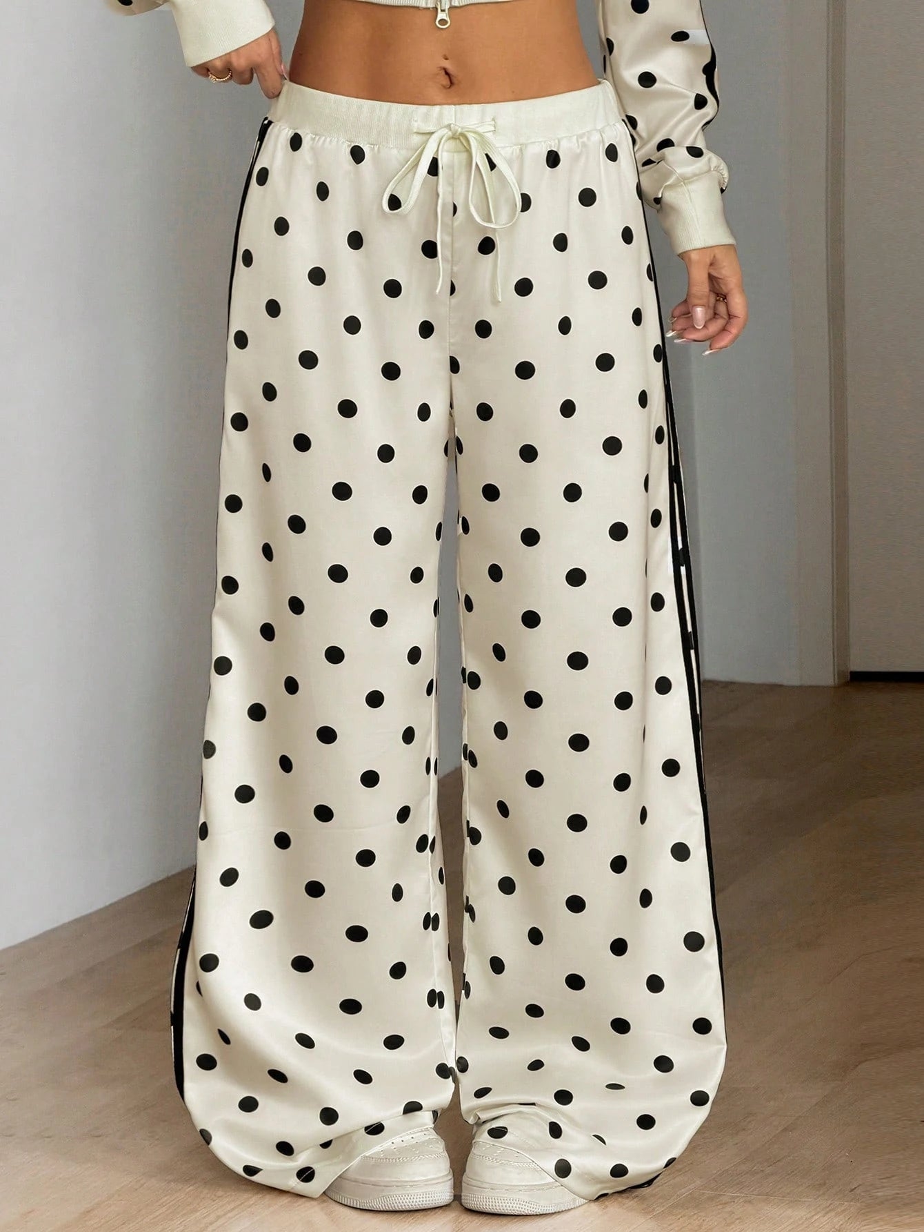 ICON Women's Satin Sweet Fashion Polka Dot & Striped Print Drawstring Waist Loose Pants