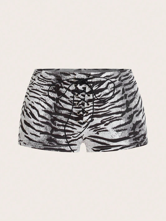 ICON Women's Short Shorts With Super Low Waist Tiger Pattern Print And Criss-Cross Straps