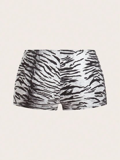 ICON Women's Short Shorts With Super Low Waist Tiger Pattern Print And Criss-Cross Straps