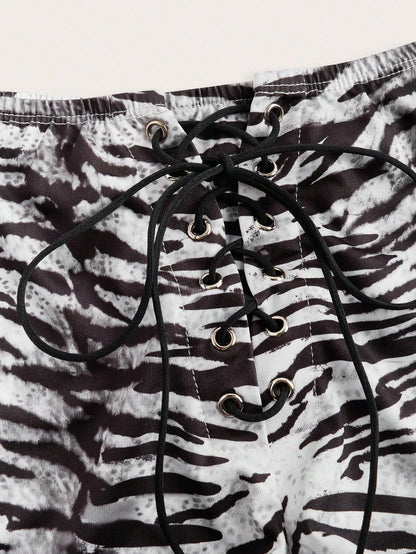 ICON Women's Short Shorts With Super Low Waist Tiger Pattern Print And Criss-Cross Straps