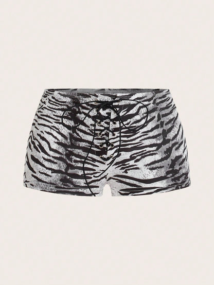 ICON Women's Short Shorts With Super Low Waist Tiger Pattern Print And Criss-Cross Straps