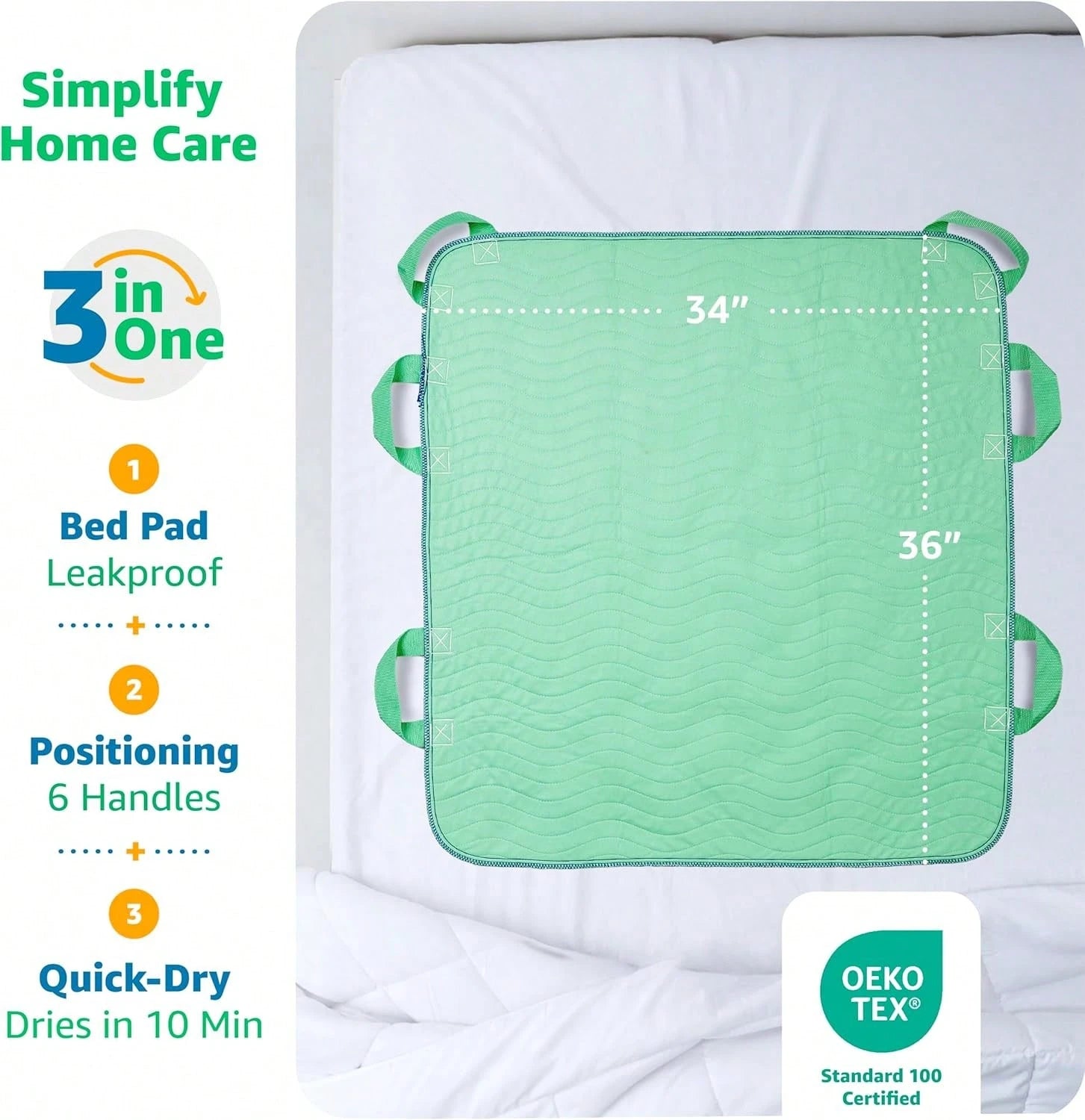Improvia Positioning Bed Pad, With 8 Reinforced Handles, Quick-Drying, Washable, Waterproof, Lifting, Turning, Transfering ZD7V