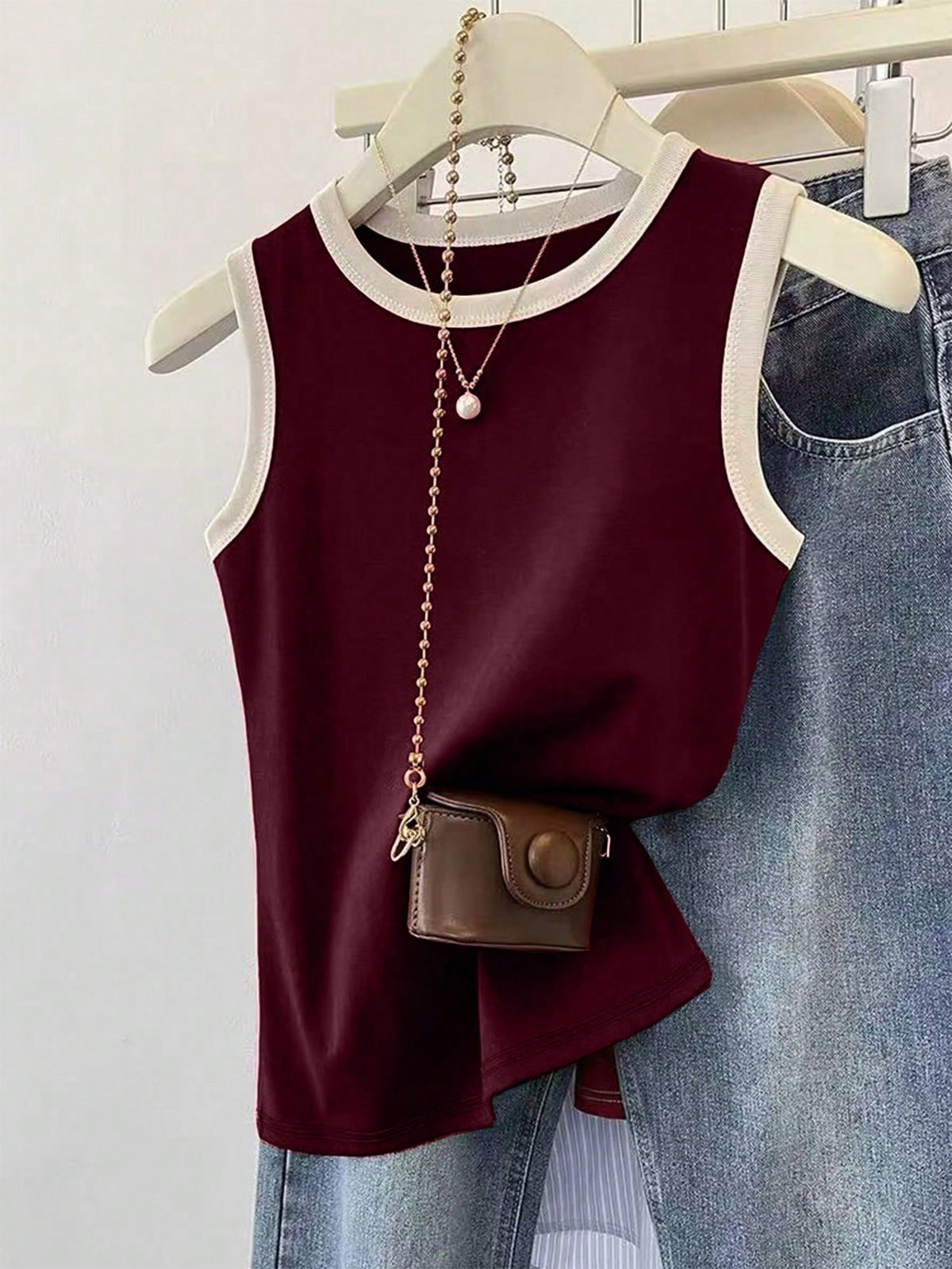 INAWLY Burgundy Sleeveless Women Round Neck Basic Tank Top