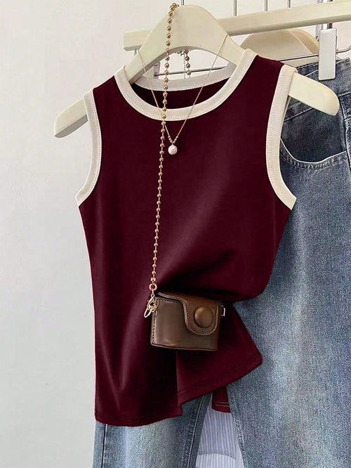 INAWLY Burgundy Sleeveless Women Round Neck Basic Tank Top
