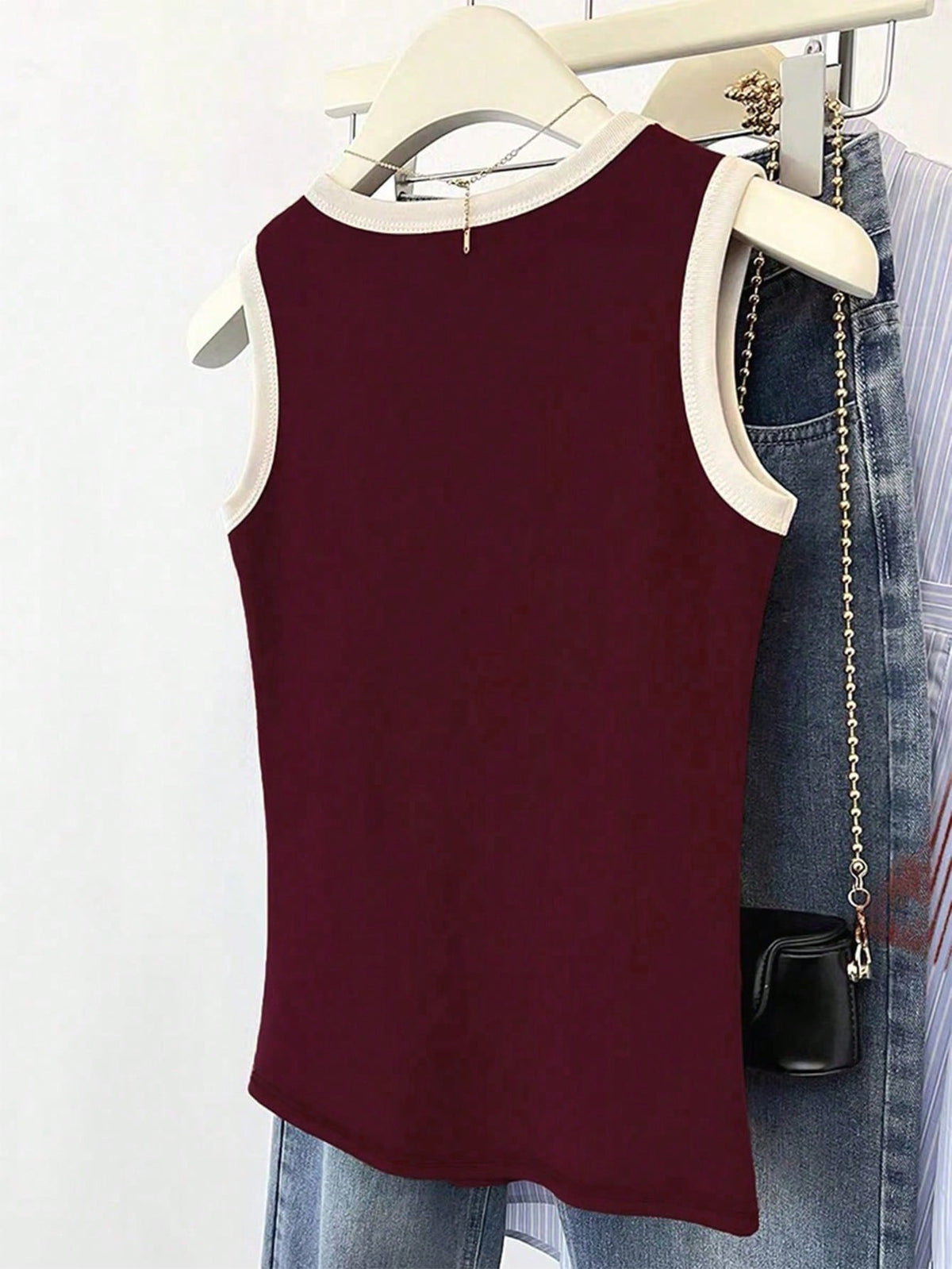 INAWLY Burgundy Sleeveless Women Round Neck Basic Tank Top