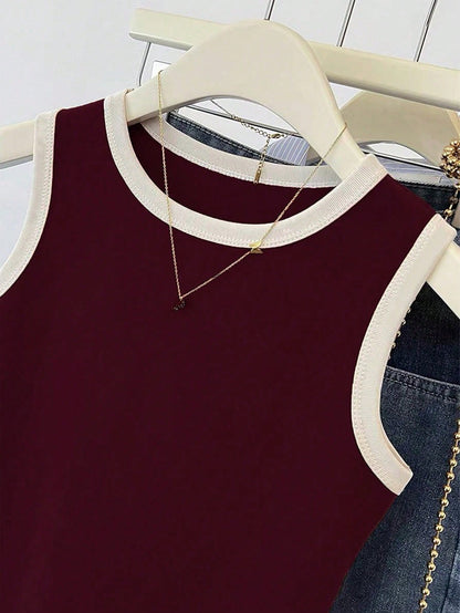 INAWLY Burgundy Sleeveless Women Round Neck Basic Tank Top