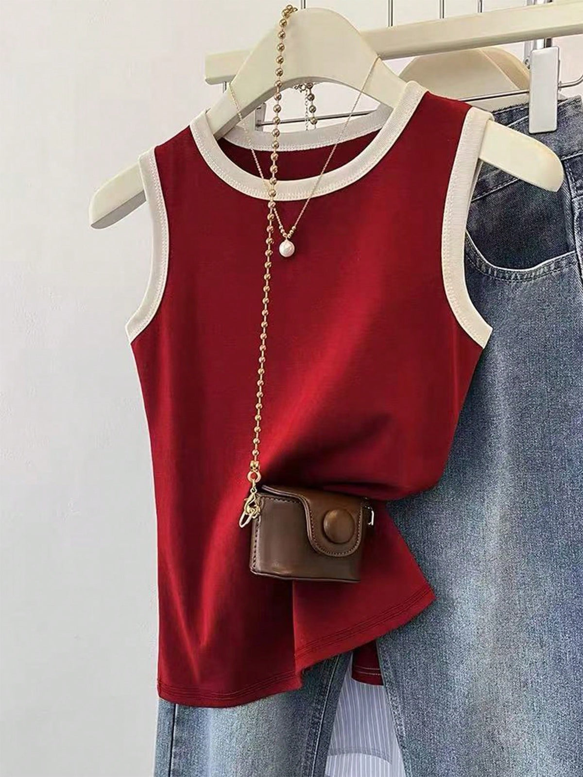 INAWLY Burgundy Sleeveless Women Round Neck Basic Tank Top