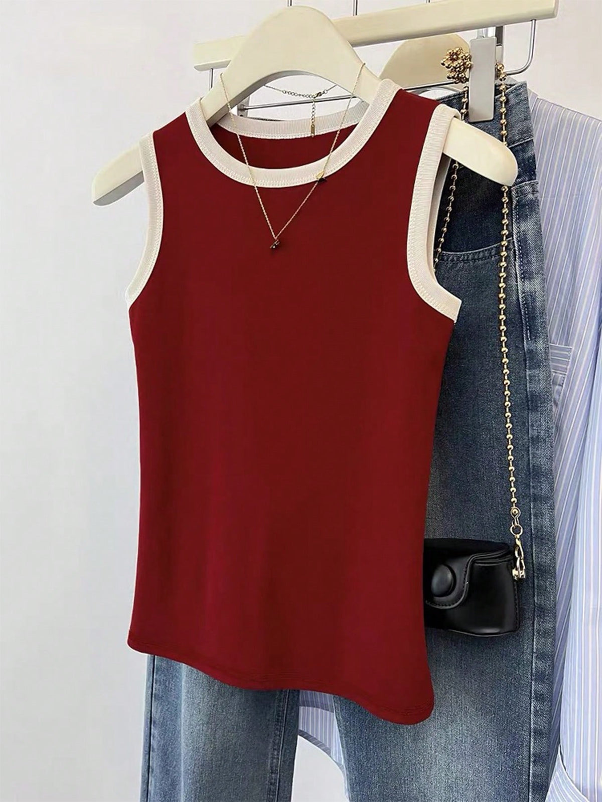 INAWLY Burgundy Sleeveless Women Round Neck Basic Tank Top