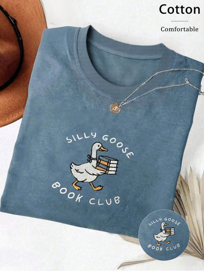 INAWLY Embroidered Silly Goose Book Club Shirt, Comfortable Color Reader T-Shirt, Gift For Book Lovers, Round Neck Embroidered T-Shirt For Book Lovers