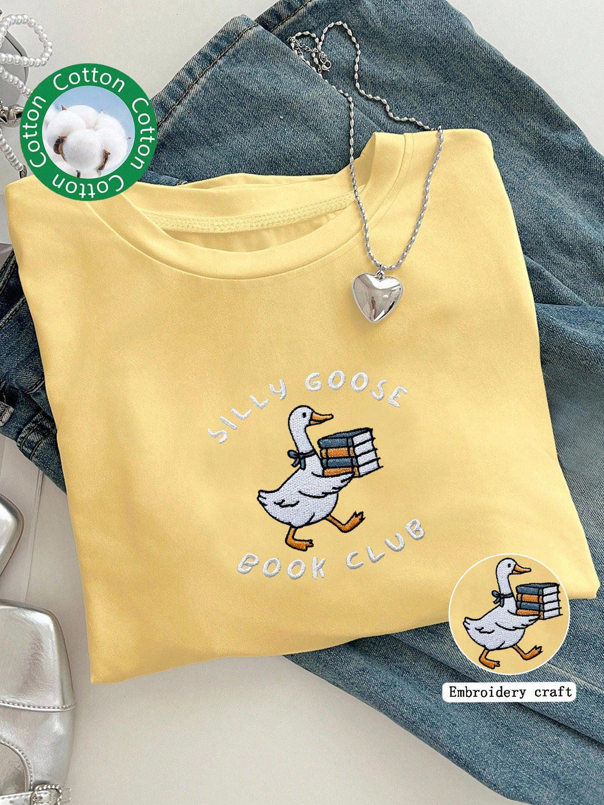 INAWLY Embroidered Silly Goose Book Club Shirt, Comfortable Color Reader T-Shirt, Gift For Book Lovers, Round Neck Embroidered T-Shirt For Book Lovers