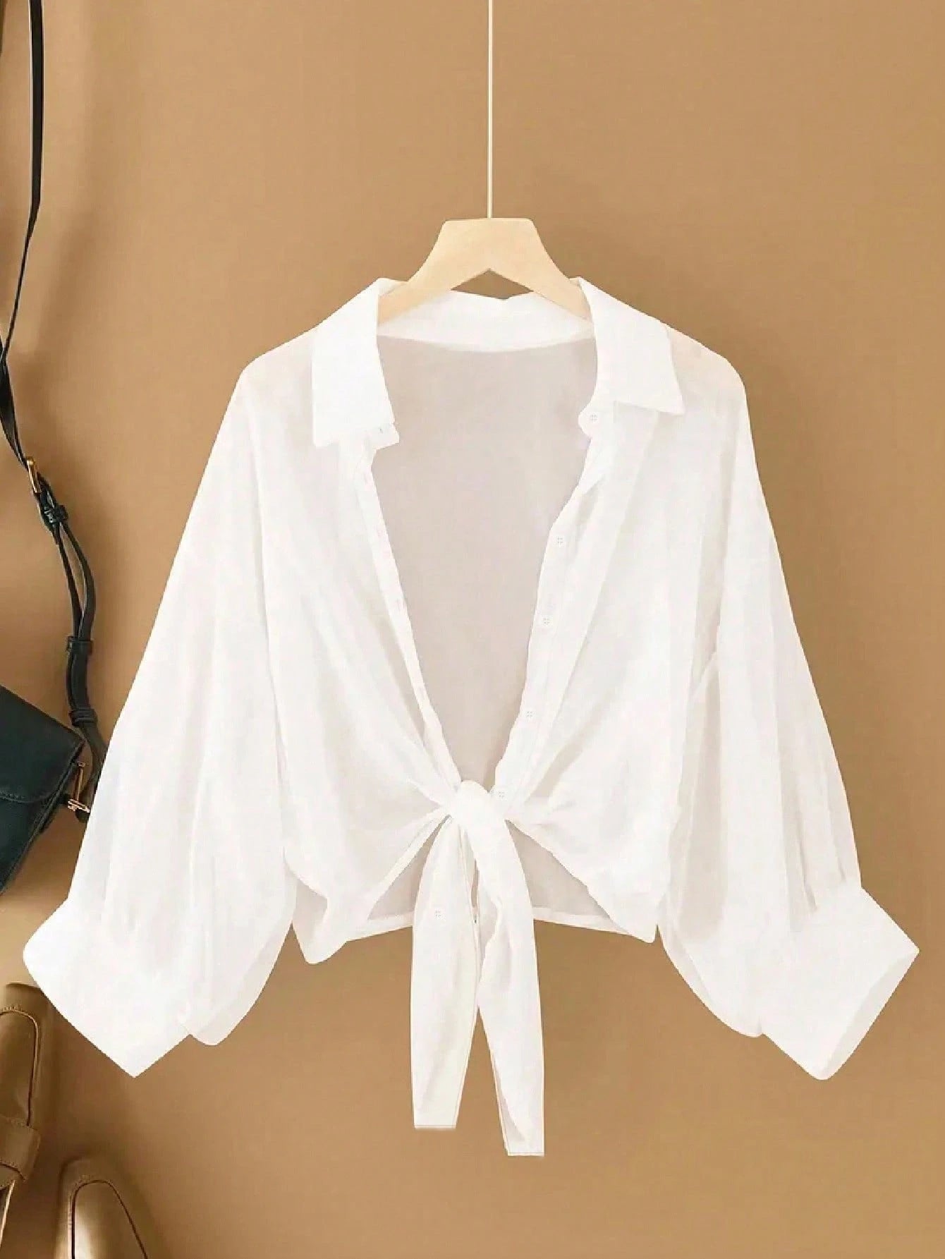 INAWLY New Bat Wing Short Chiffon Shawl, Simple Color Casual Shirt For Women