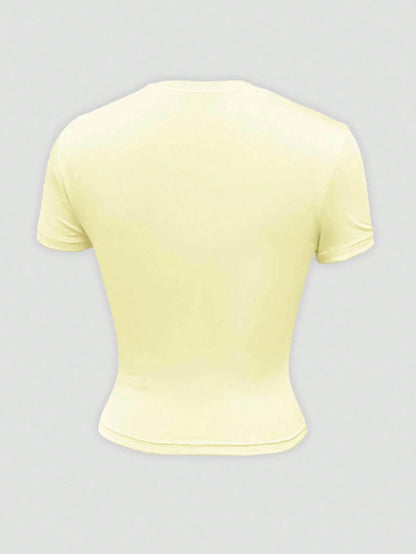 INAWLY Women Fruit & Coconut Print Fitted Short T-Shirt, Cream-Colored Summer Beach Vacation Ladies Top