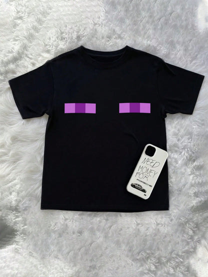 INAWLY Women Plus Size Y2K Black Purple Eye & Color Block Pixel Print Summer Everyday Smart Casual Clubwear,Punk Street Style Fitted Graphic T-Shirt