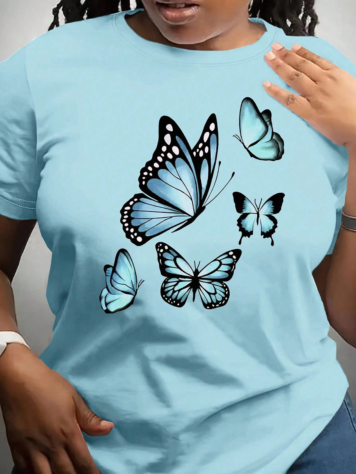 INAWLY Women's Butterfly Print Light Purple Short Sleeve T-Shirt, Minimalist & Fashionable, Suitable For Summer