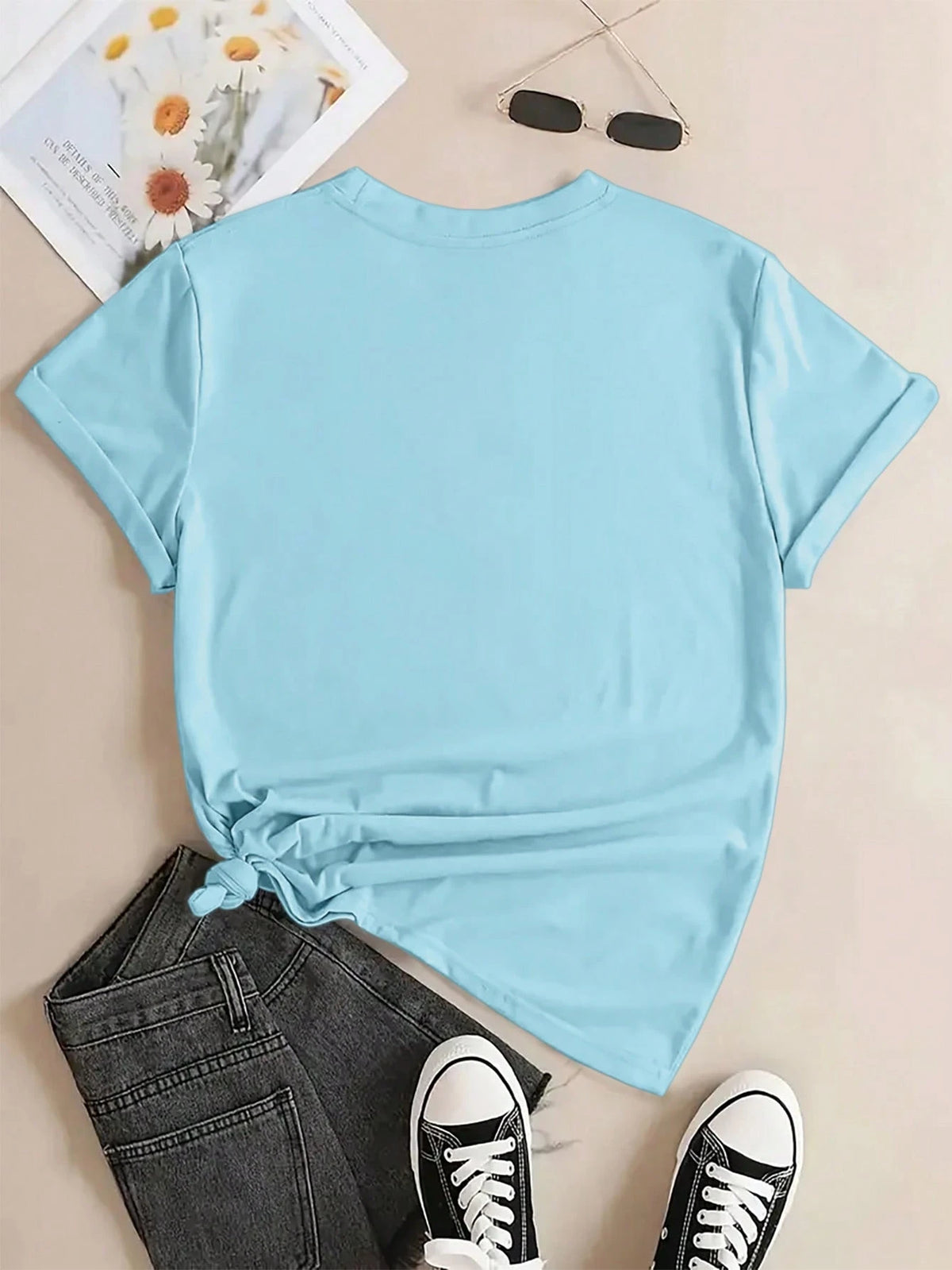 INAWLY Women's Butterfly Print Light Purple Short Sleeve T-Shirt, Minimalist & Fashionable, Suitable For Summer