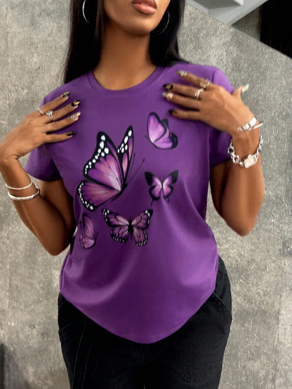INAWLY Women's Butterfly Print Light Purple Short Sleeve T-Shirt, Minimalist & Fashionable, Suitable For Summer