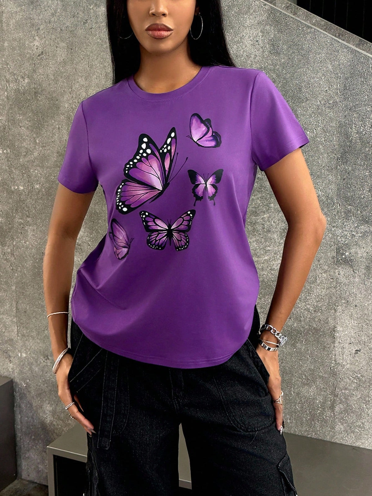 INAWLY Women's Butterfly Print Light Purple Short Sleeve T-Shirt, Minimalist & Fashionable, Suitable For Summer