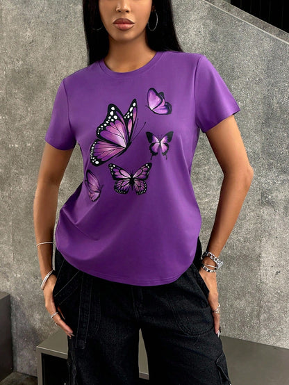 INAWLY Women's Butterfly Print Light Purple Short Sleeve T-Shirt, Minimalist & Fashionable, Suitable For Summer