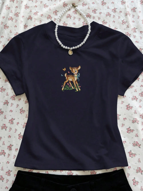 INAWLY Women's Casual Deer Print Round Neck Short Sleeve T-Shirt, Summer
