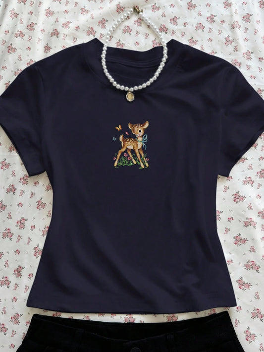 INAWLY Women's Casual Deer Print Round Neck Short Sleeve T-Shirt, Summer