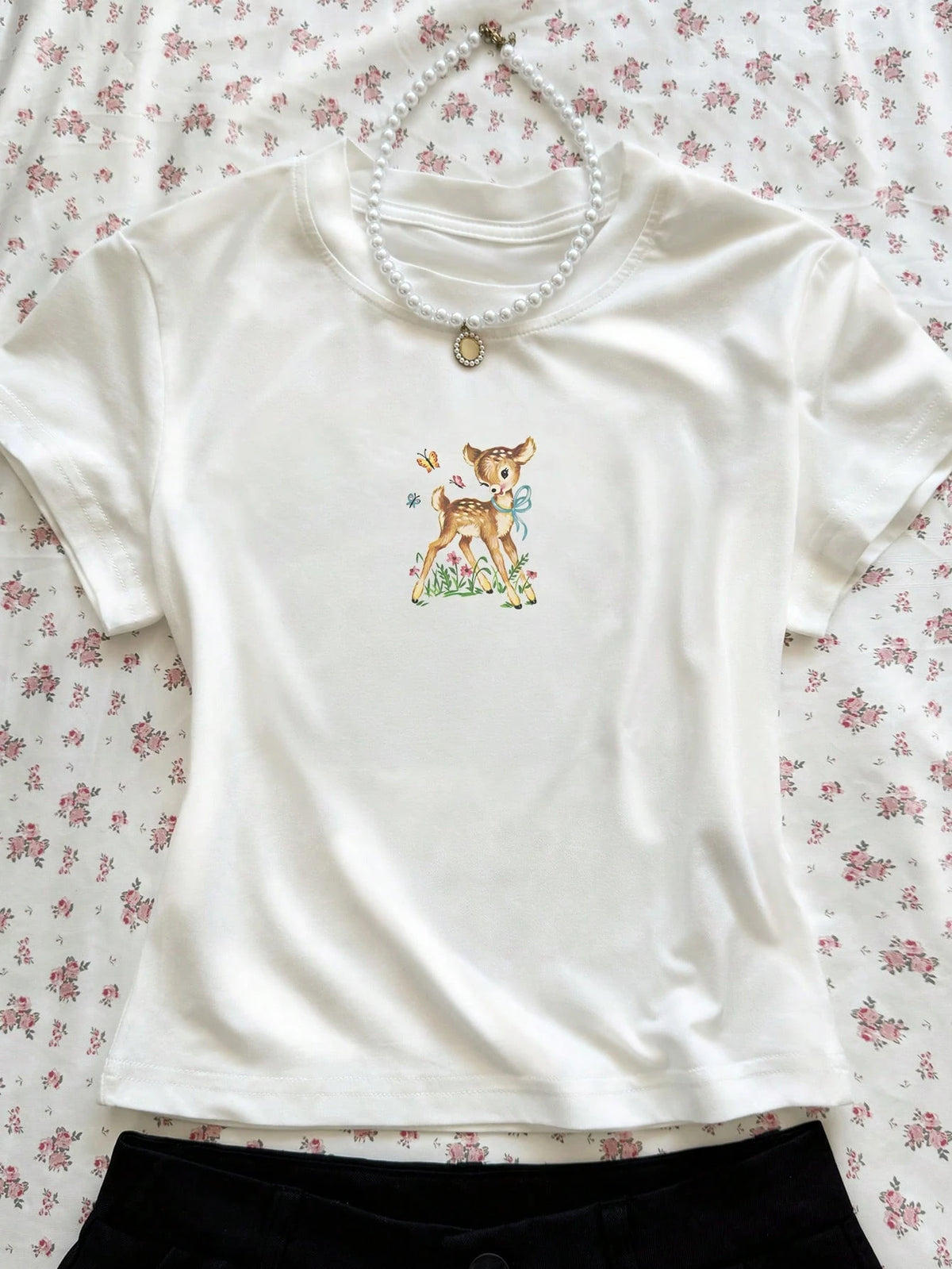 INAWLY Women's Casual Deer Print Round Neck Short Sleeve T-Shirt, Summer