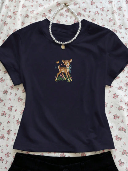 INAWLY Women's Casual Deer Print Round Neck Short Sleeve T-Shirt, Summer