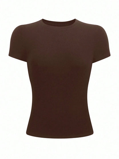 INAWLY Women's Casual Everyday Commute Solid Color Slim Fit Cap Sleeve T-Shirt