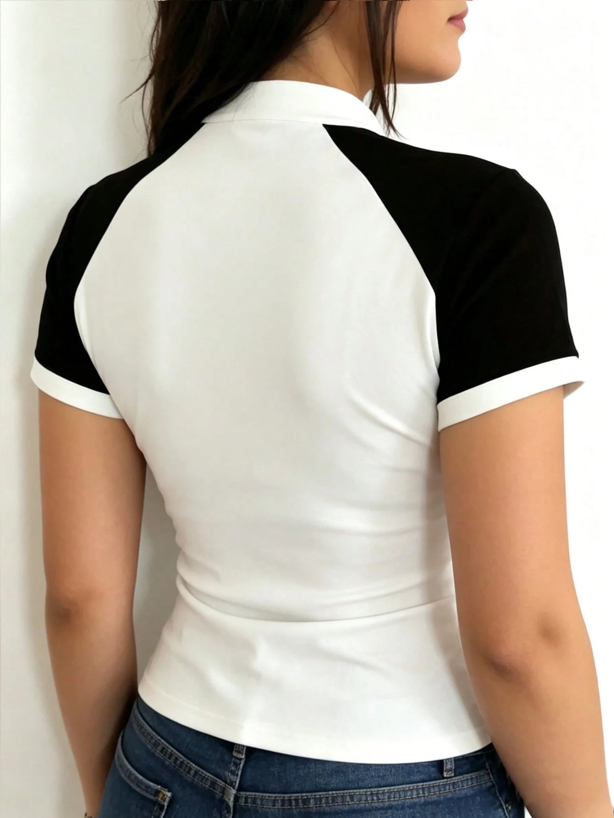INAWLY Women's Contrast Color Raglan Short Sleeve Zipper Design Casual T-Shirt