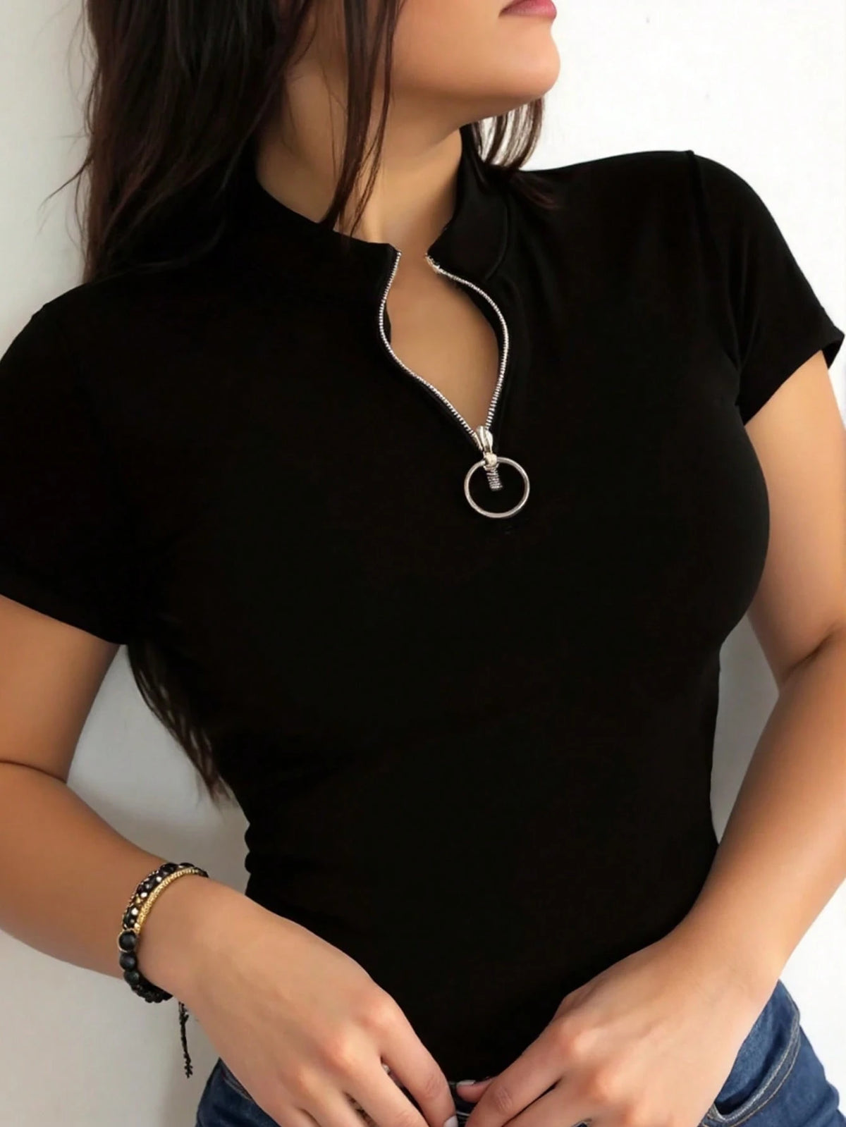 INAWLY Women's Contrast Color Raglan Short Sleeve Zipper Design Casual T-Shirt