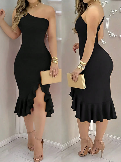 INAWLY Women's Elegant Slim Fit Asymmetrical Neck Ruffled Hem Slit Midi Dress