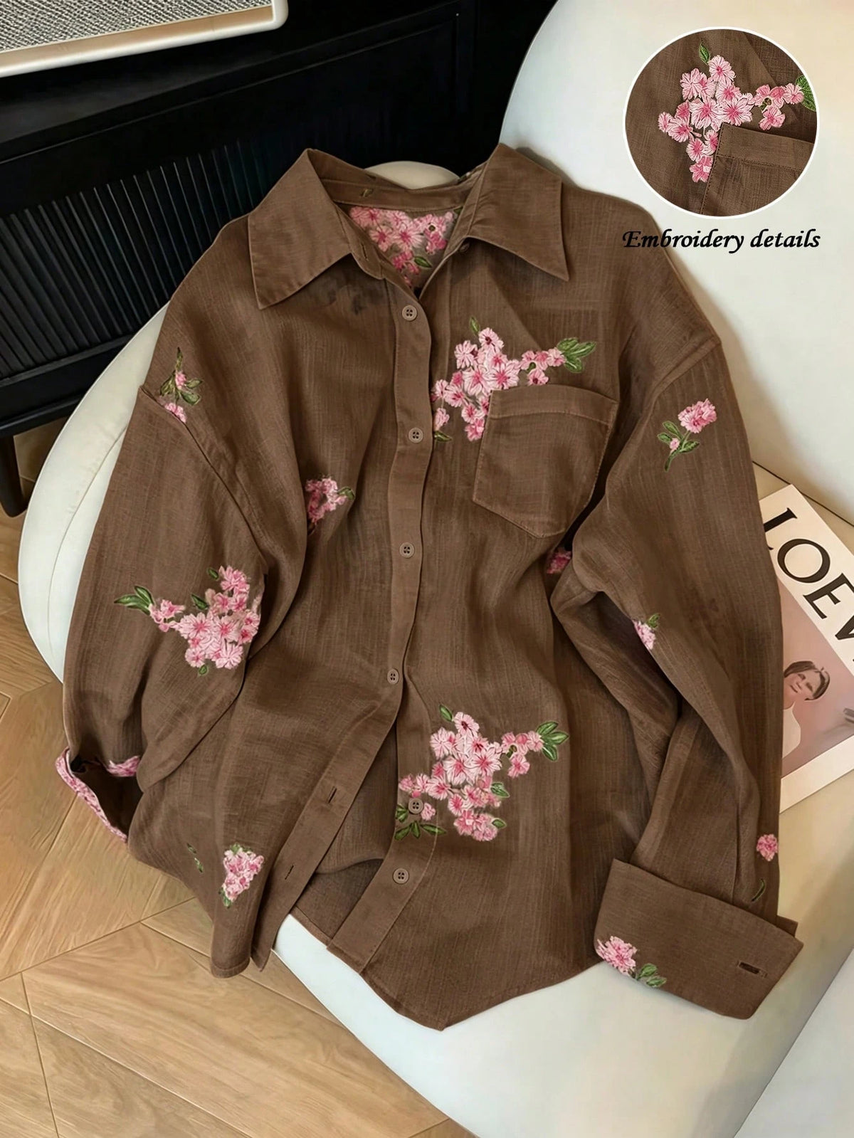 INAWLY Women's Fashion Casual Minimalist Romantic Vacation Embroidered Floral Long Sleeve Button Shirt