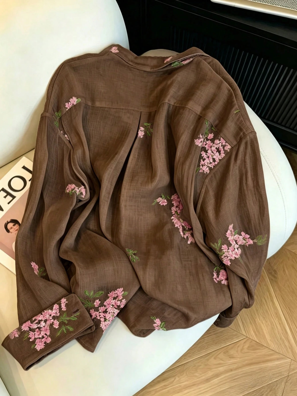 INAWLY Women's Fashion Casual Minimalist Romantic Vacation Embroidered Floral Long Sleeve Button Shirt