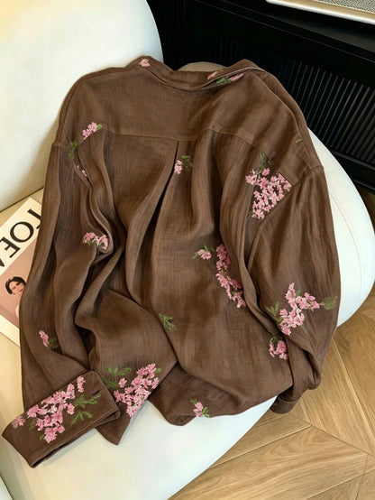 INAWLY Women's Fashion Casual Minimalist Romantic Vacation Embroidered Floral Long Sleeve Button Shirt