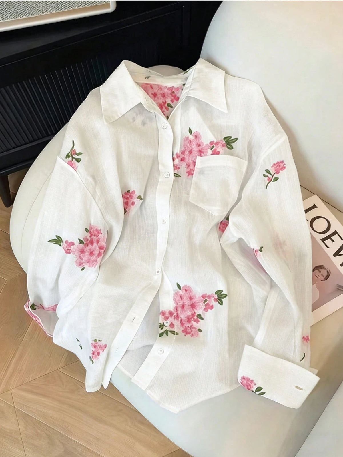 INAWLY Women's Fashion Casual Minimalist Romantic Vacation Embroidered Floral Long Sleeve Button Shirt