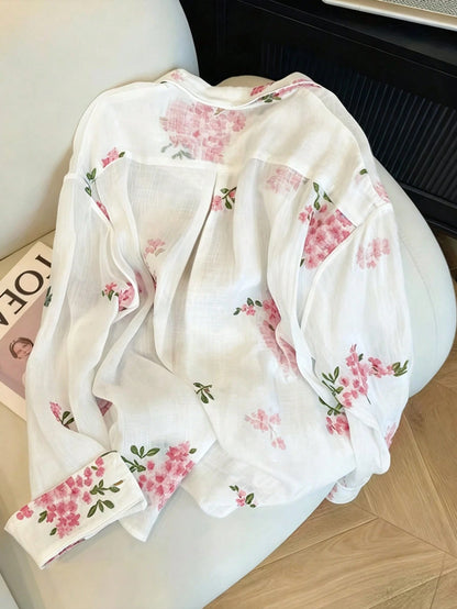 INAWLY Women's Fashion Casual Minimalist Romantic Vacation Embroidered Floral Long Sleeve Button Shirt